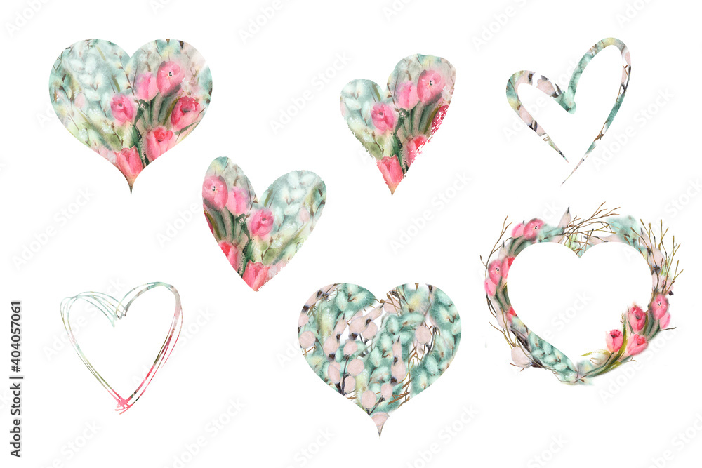 Watercolor floral heart illustrations. Valentines hearts. Template for greetings, invites, wedding, web design, home and textile floral decor, wedding clipart, floral clipart.