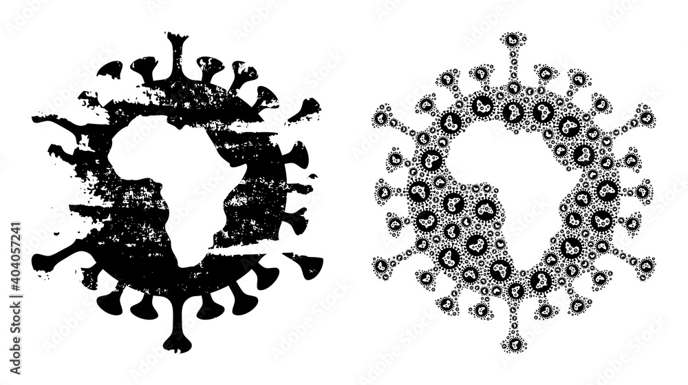 Vector African virus mosaic is made of random fractal African virus icons. Textured African virus icon. Fractal collage of African virus. Vector African virus mosaic is made of random fractal African virus icons. Textured African virus icon. Fractal collage of African virus.