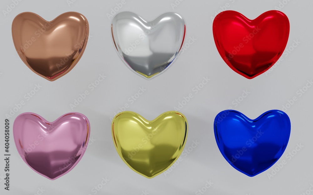 3D Render of hearts metal texture, 
colorful.valentine day isolated.Graphic resources.silver,gold,glossy.