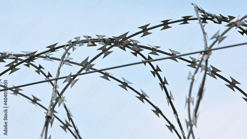 Barbwire security rolls protection over blue sky Barbwire security rolls protection over blue sky