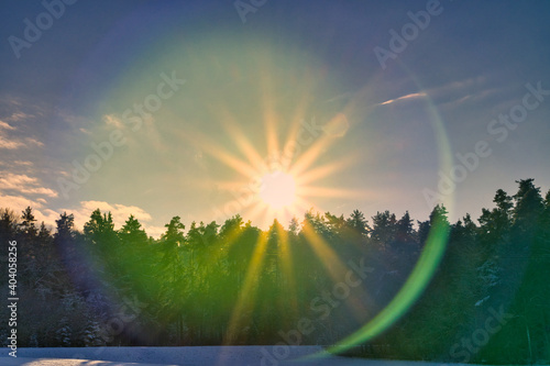 Im Wald - Sonnenstrahlen scheinen durch die Bäume im Abendrot - Energie auftanken in der Natur Landschaft