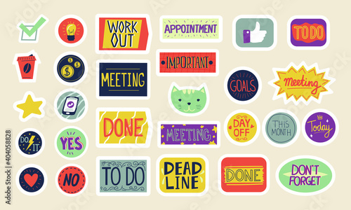Planner stickers. Cartoon marks for notebook or diary, agenda and reminder. Isolated attention or motivation cute symbols. Colorful collection of schedule decorations with lettering, vector flat set