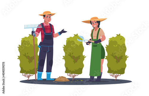 Agricultural work. Cartoon farmer activities. Gardeners collect leaves with rake and trim branches with shears. People work in garden. Young man and woman care of plants. Vector flat illustration