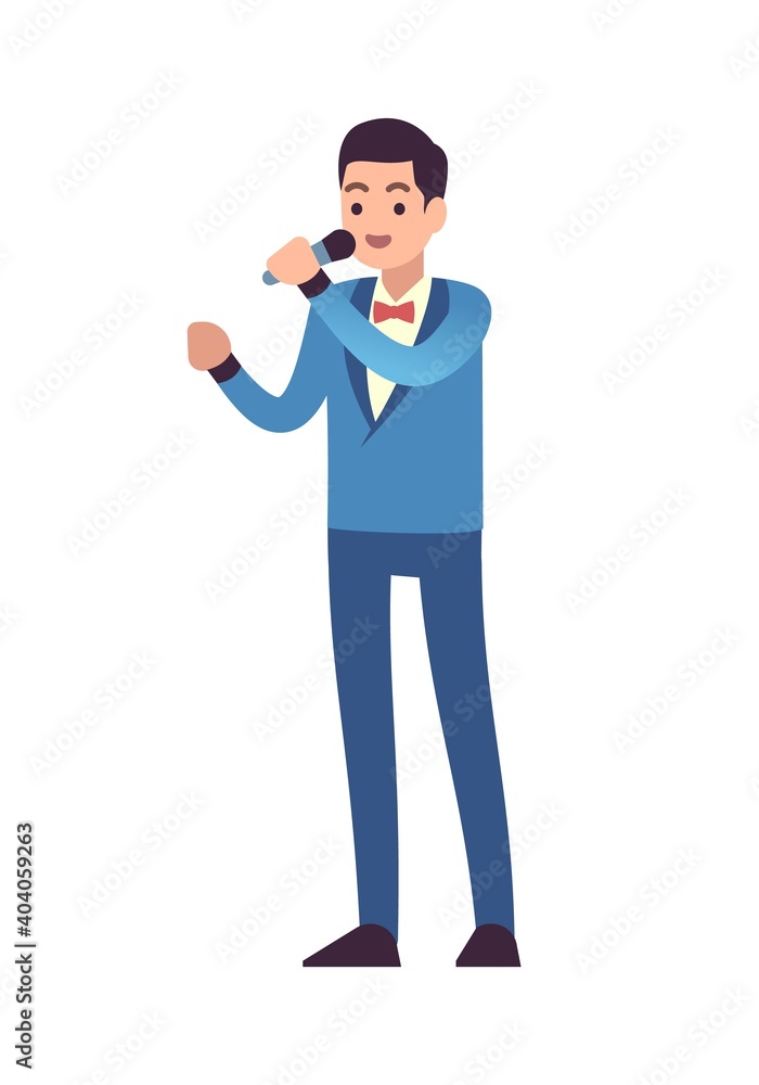 Classical musicians. Vocalist singers performing, symphony entertainment concert, man with microphone and sings song in blue suit, vector flat style cartoon isolated on white single male character Classical musicians. Vocalist singers performing, symphony entertainment concert, man with microphone and sings song in blue suit, vector flat style cartoon isolated on white single male character