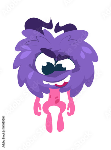 Cartoon monster. Funny creature with big horned head and anthropomorphic gloomy face. Isolated spooky mutant grinding teeth. Purple hairy head and pink disproportionate body, vector illustration
