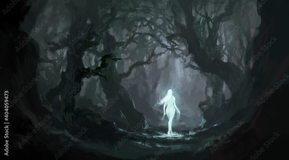 Angel in the quiet primeval forest, digital painting. Angel in the quiet primeval forest, digital painting.