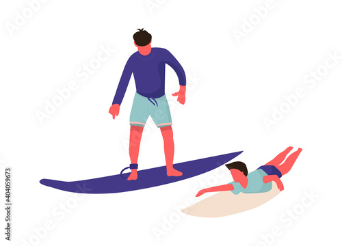 People at beach. Cartoon men surfing. Cute characters swimming together with surfboard. Active leisure pastime and water sport. Isolated young males resting at seashore, vector flat illustration
