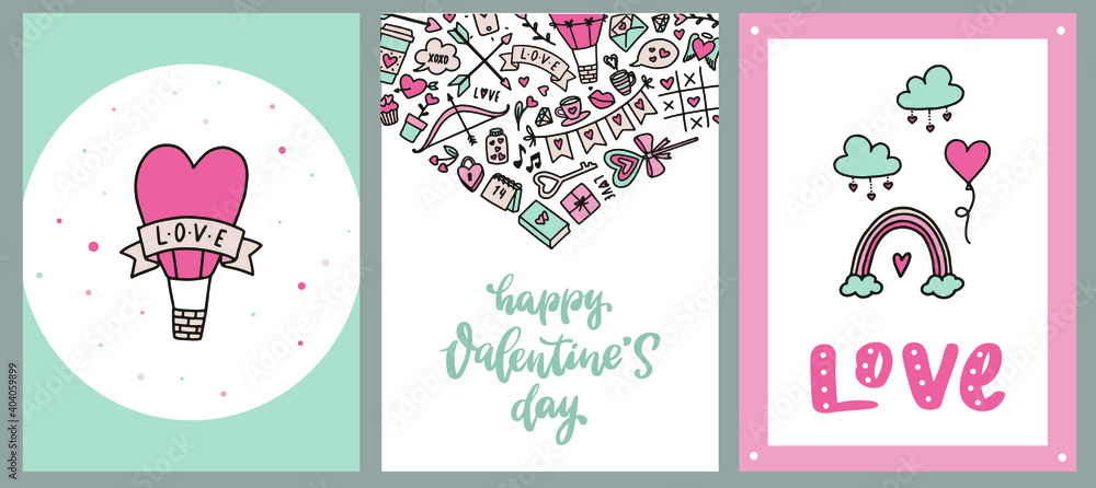 set of Valentine's day greeting cards, posters, prints, invitations, etc. Decorated with doodles and hand lettering quotes. EPS 10 set of Valentine's day greeting cards, posters, prints, invitations, etc. Decorated with doodles and hand lettering quotes. EPS 10