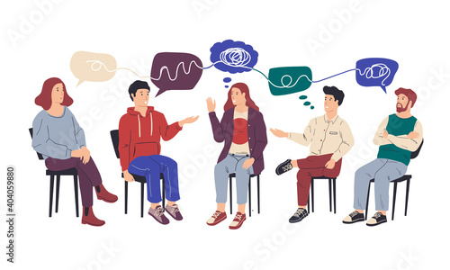 Group therapy. Cartoon people at collective psychotherapy. Counseling and mental health support from addiction, psychologist help session. Cute men and women with speech bubbles, vector illustration