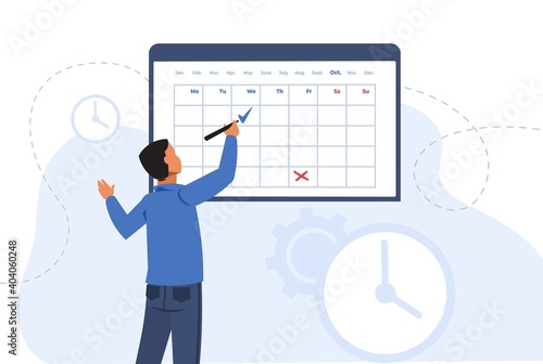 Appointment with doctor. Online registration in clinic. Cartoon man chooses day to visit medical specialist. Young male making notes on calendar. Time management and monthly schedule, vector concept