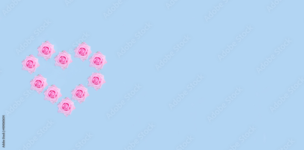 Valentine's Day banner background. Pink roses in the shape of a heart on a pastel blue background with copy space.