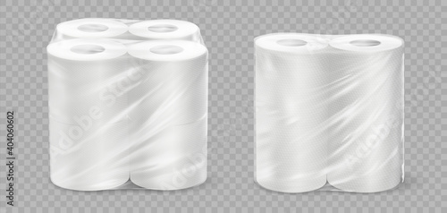 Realistic paper towel. 3D tissue rolls. White textured disposable toilet tape on transparent background. Isolated bathroom or kitchen soft absorbent accessories in cellophane packaging, vector set