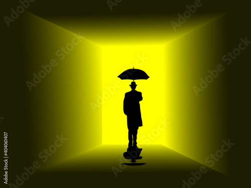 A man in a black coat  his right hand holding an umbrella. stood in front of the door with a yellow light.