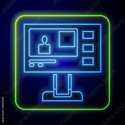 Glowing neon Television report icon isolated on blue background. TV news. Vector.