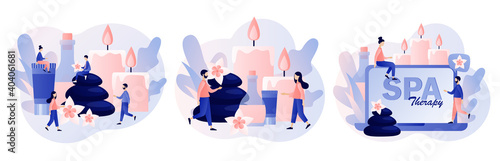 Spa therapy concept. Tiny people relaxing. Beauty procedure, wellness treatment and body care. Accessories for relaxing atmosphere, candles, aroma oils, hot stones. Modern flat cartoon style. Vector