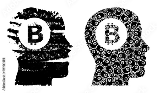 Vector bitcoin thinking collage is designed of randomized fractal bitcoin thinking items. Distress bitcoin thinking icon. Fractal combination of bitcoin thinking.