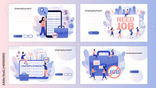 Unemployment social problem concept. Tiny people unemployed looking for job. Screen template for mobile smart phone, landing page, template, ui, web, mobile app, poster, banner, flyer. Vector 