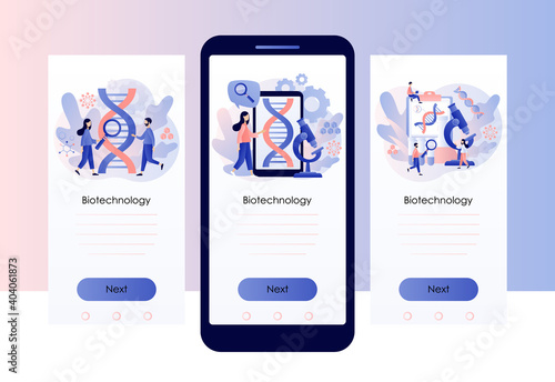 Biotechnology concept. Innovation, science, laboratory research,  genetic testing, chemical, GMO, bioengineering and organism.Screen template for mobile smart phone. Modern flat cartoon style. Vector
