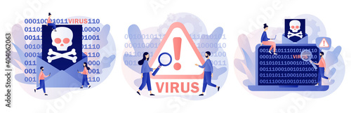 Computer virus concept. Hacker attack and web security. Scam alert. Spam, malicious application. Envelope with skull. Modern flat cartoon style. Vector illustration on white background