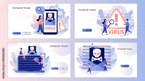 Computer virus concept. Hacker attack and web security. Scam alert. Screen template for mobile smart phone, landing page, template, ui, web, mobile app, poster, banner, flyer. Vector illustration 