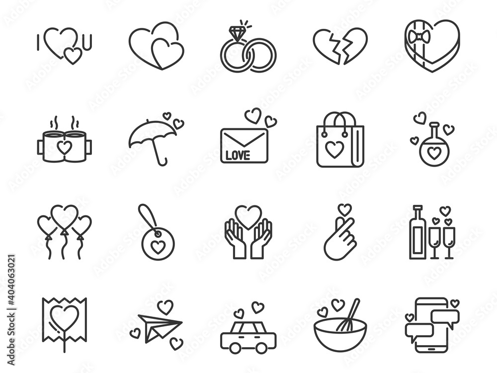 set of Valentine's day thin line icons, hearts, love, shape, romance, charity