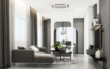 Living room with gray furniture and geometric form decorate built-in 3d rendering