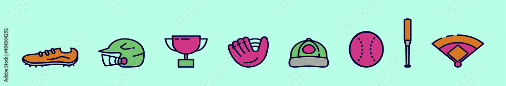set of softball cartoon icon design template with various models. vector illustration isolated on blue background set of softball cartoon icon design template with various models. vector illustration isolated on blue background