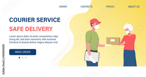 Food, Dugs, Goods for Seniors Delivery Online Service. Deliveryman Carrying Packages with Ordered Products. Social Support for Retirement. Coronavirus Epidemic Quarantine. Flat Vector Illustration.