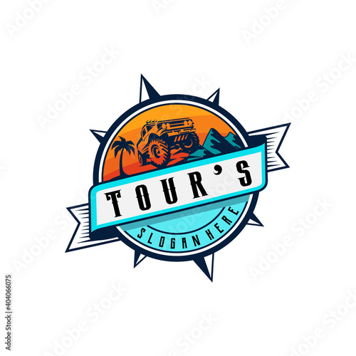 Mountain landscape with offroad cars, trees with modern vintage atmosphere. Trendy concept for offroad car listings, modern vitage labels and production packages. Vector