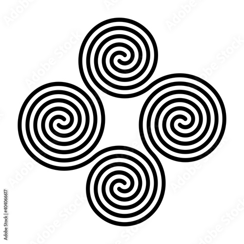 Four connected Celtic double spirals. Quadruple spiral, formed by four interlocked Archimedean spirals. Symbol and motif. Black and white, isolated illustration, on white background. Vector.