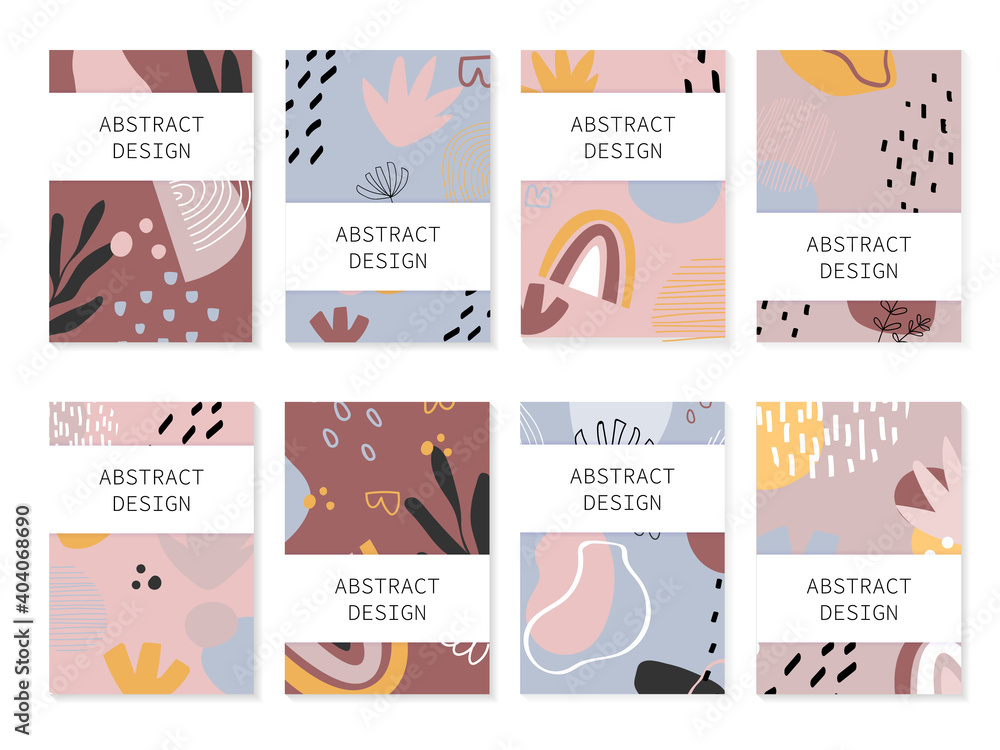 Set of abstract backgrounds. Hand drawn design for flyer print and web. Pastel and bright colors. Vector illustration.