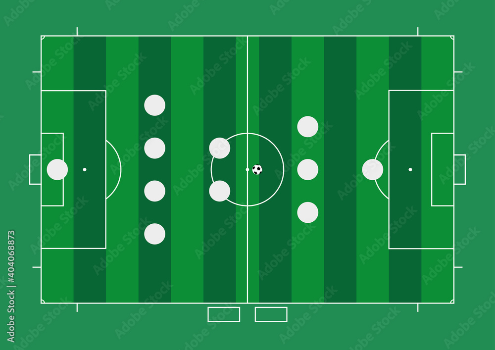 Top view of football court. Soccer field vector illustration. Light green and off green background. Modern formations in football. Top view of football court. Soccer field vector illustration. Light green and off green background. Modern formations in football.