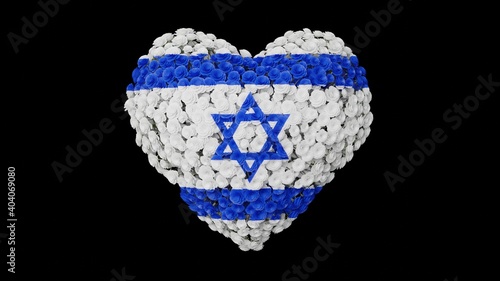 Israel National Day. Independence Day. Heart shape made out of flowers on black background. 3D rendering.