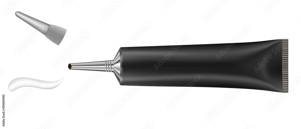 Single black tube with long nozzle. Cream splash. Serum or ointment. Gel. Vector illustration isolated on a white background. 3d illustration Single black tube with long nozzle. Cream splash. Serum or ointment. Gel. Vector illustration isolated on a white background. 3d illustration