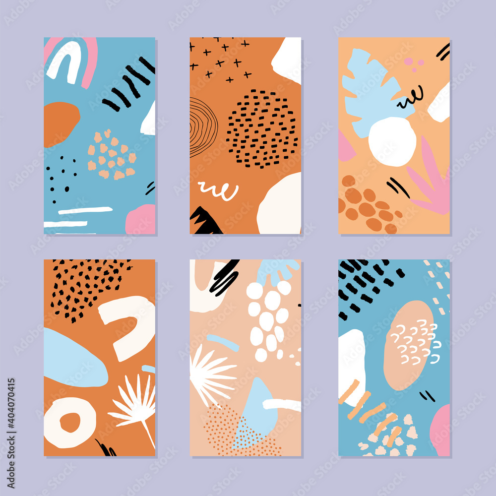 Fototapeta premium Set of abstract story backgrounds. Hand drawn natural pattern in trendy style. Vector illustration.