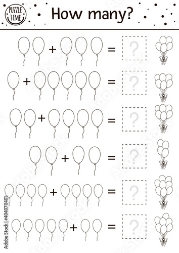 Birthday counting game with colorful balloons. Holiday activity for preschool children. Educational celebration printable math worksheet with traditional elements for kids.