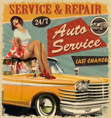 Vintage Auto Service retro poster with retro car and pin-up girl.
