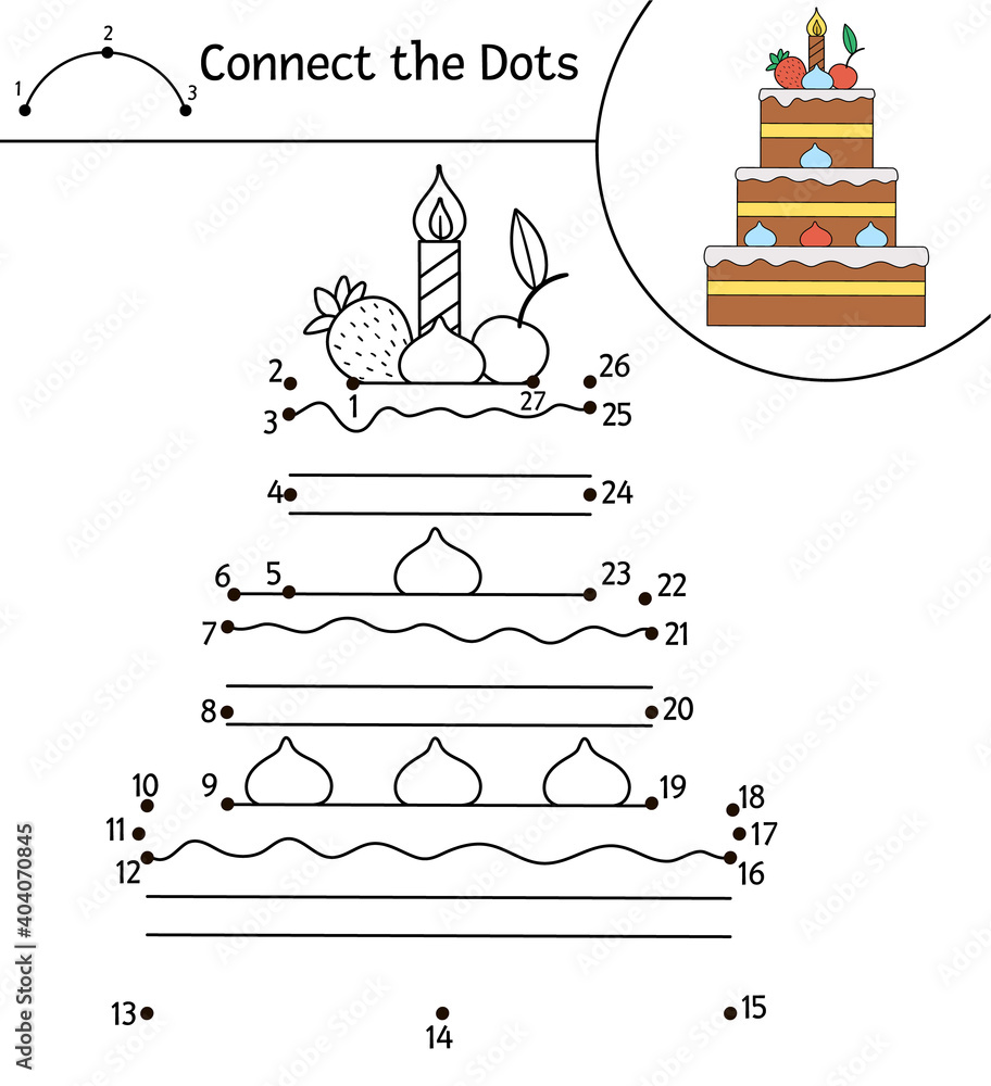 Vector Birthday dot-to-dot and color activity with dessert. Holiday ...