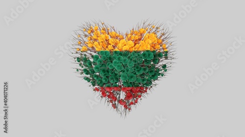 Lithuania National Day. Independence day. February 16. Heart shape made out of flowers on white background. 3D rendering.