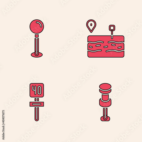 Set Push pin, , Broken road and Road traffic sign icon. Vector.