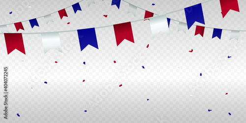 America Independence Day concept greeting background on transparent grid with tricolor confetti. Decorative elements for national day of USA.