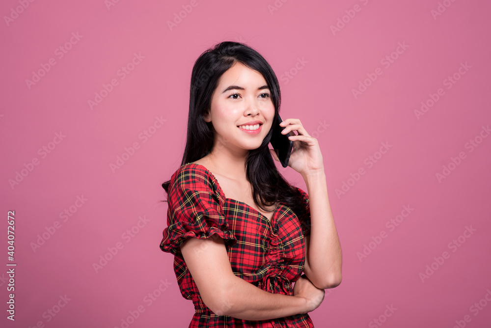 Young Asian Girl Lifestyle Happy Asian Girl On pink Background Young Asian Girl Lifestyle Happy Asian Girl On pink Background