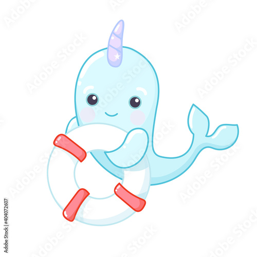 Narval Vector flat Illustrations. Cute cartoon character with lifebuoy. Sea creature holding a rescue ring