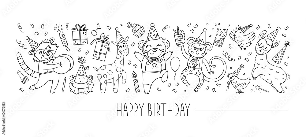 Vector black and white horizontal set with Birthday characters and elements. Card template design with cupid, funny animals, present, cake, confetti. Cute holiday line party border.