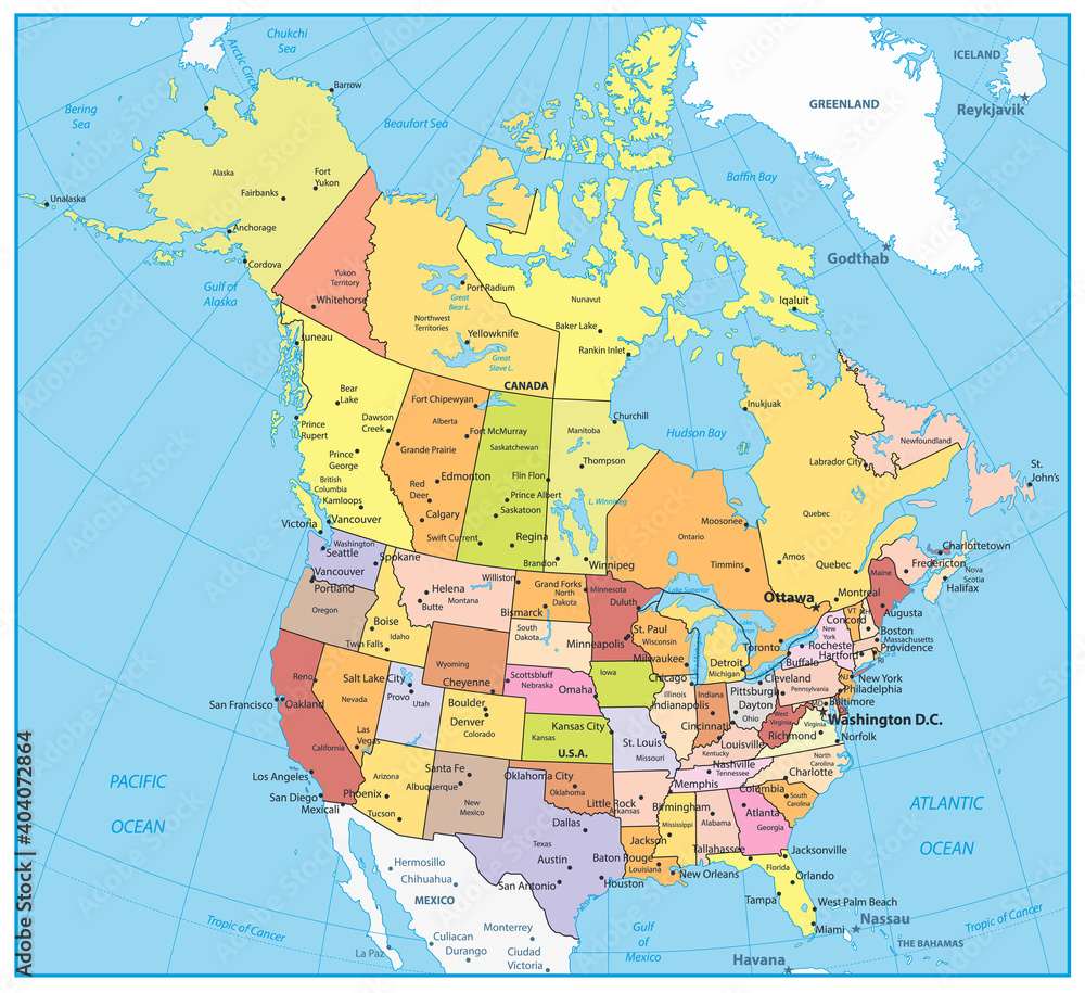 USA and Canada large detailed political map Stock Vector | Adobe Stock