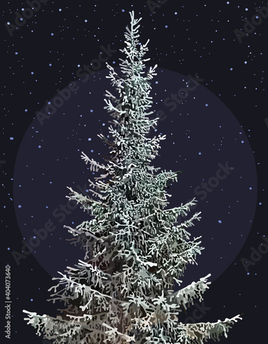 drawn large snow covered fir tree on a dark background with snowfall