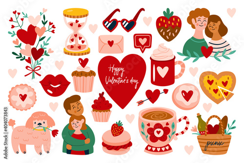 Valentine's day cute elements set. Childish print for cards, stickers, apparel and banner design