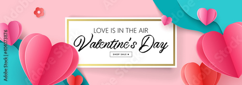 Valentine's day holiday sale banner template for social media advertising, invitation or poster design with paper art cut heart shapes.