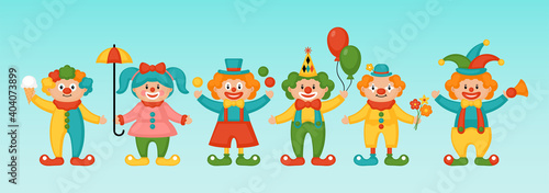 Purim holiday banner design with cute funny cartoon clowns characters