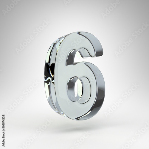 Number 6 on white background. Camera lens transparent glass 3D rendered number with dispersion.